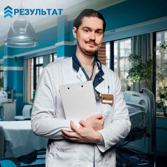 Врач с планшетом в руке в палате клиники